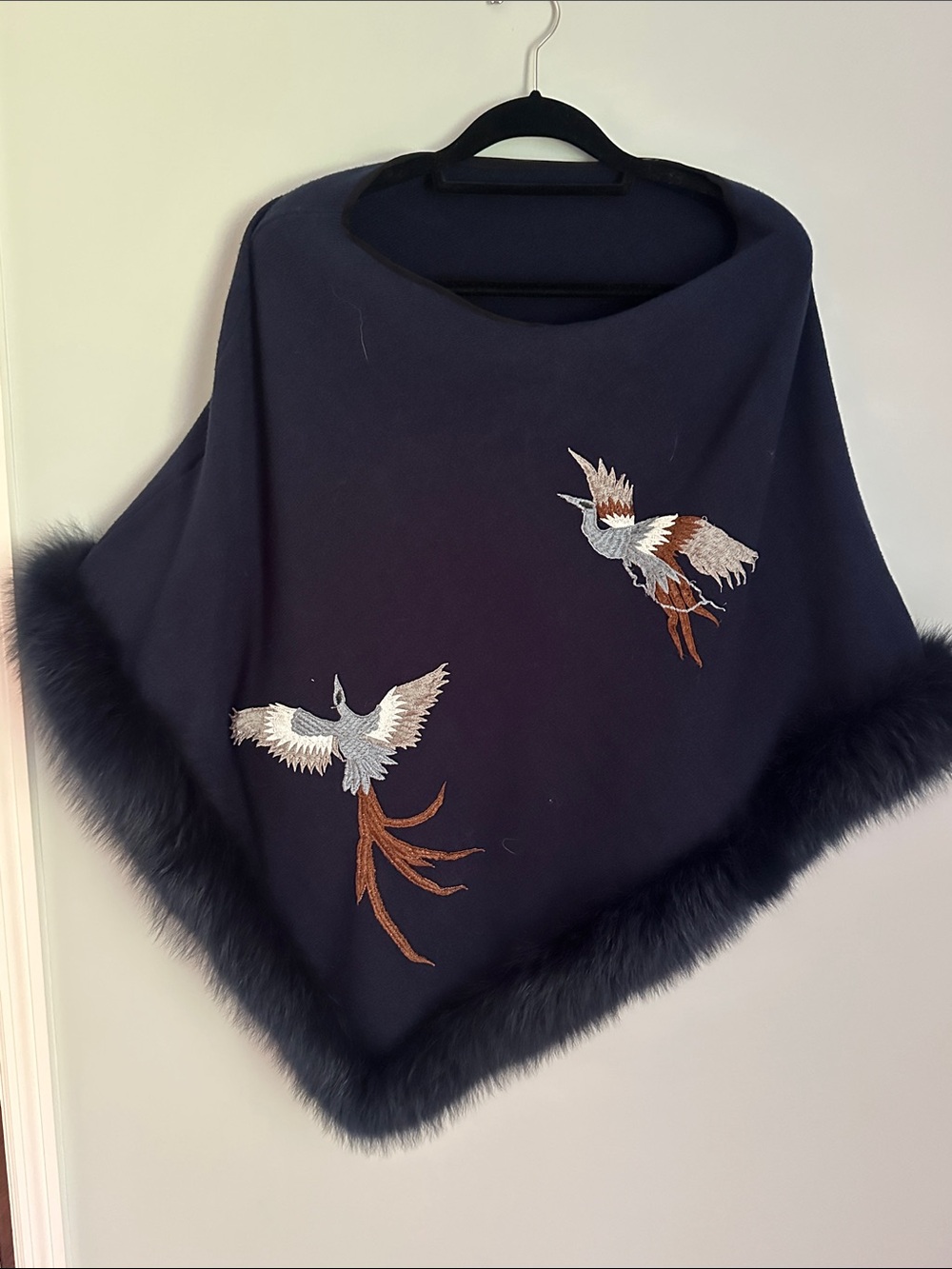 La Fiorentina Navy Embroidered Phoenix Bird Poncho with Real Fox Fur Trim